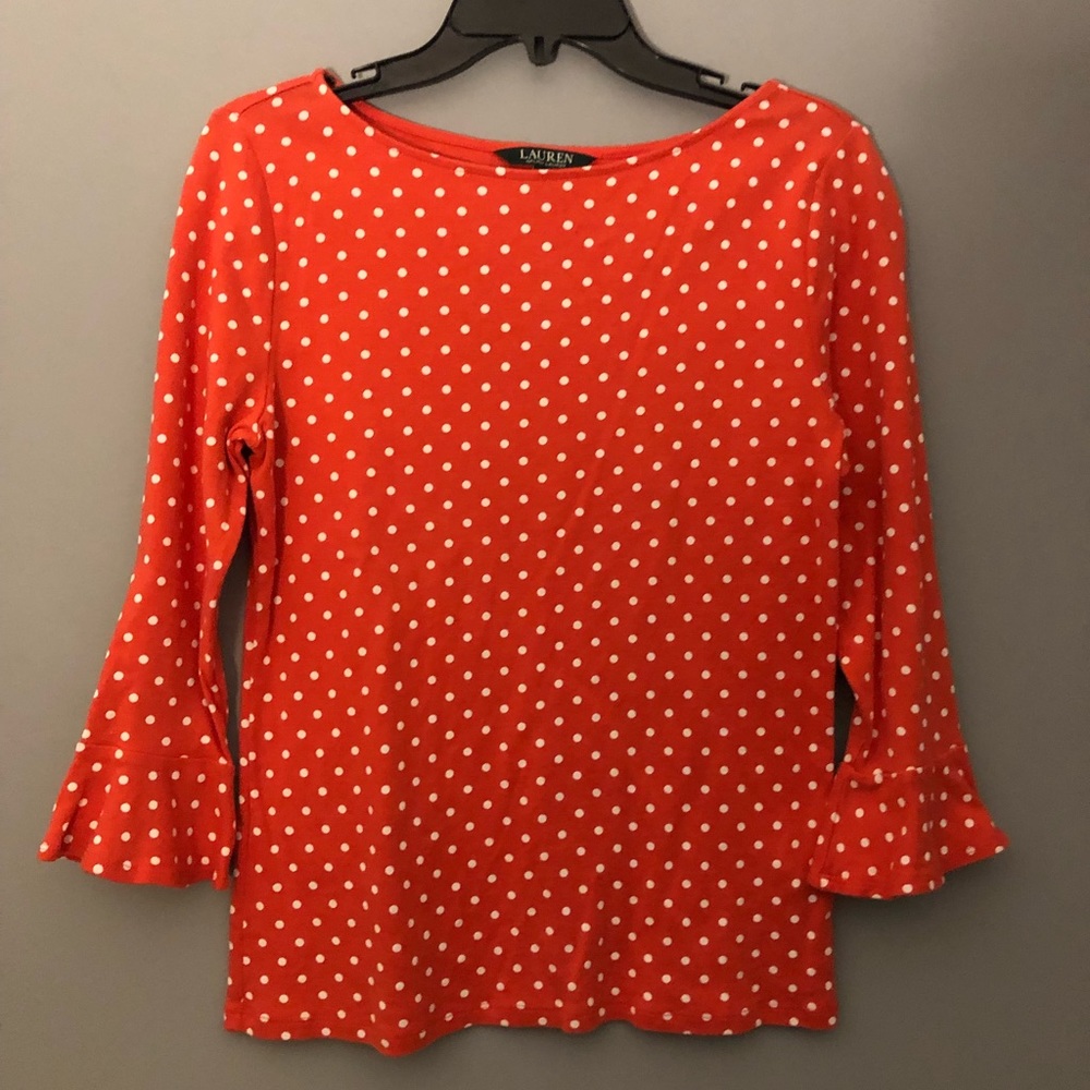 Lauren Ralph Lauren Large 3/4 Sleeve Orange White Polka Dot Shirt